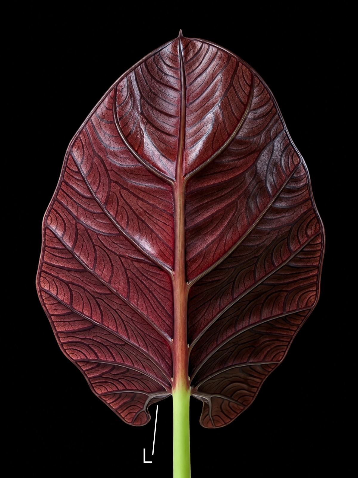 Abaxial surface of a red Alocasia leaf with the inner side of a posterior lobe marked