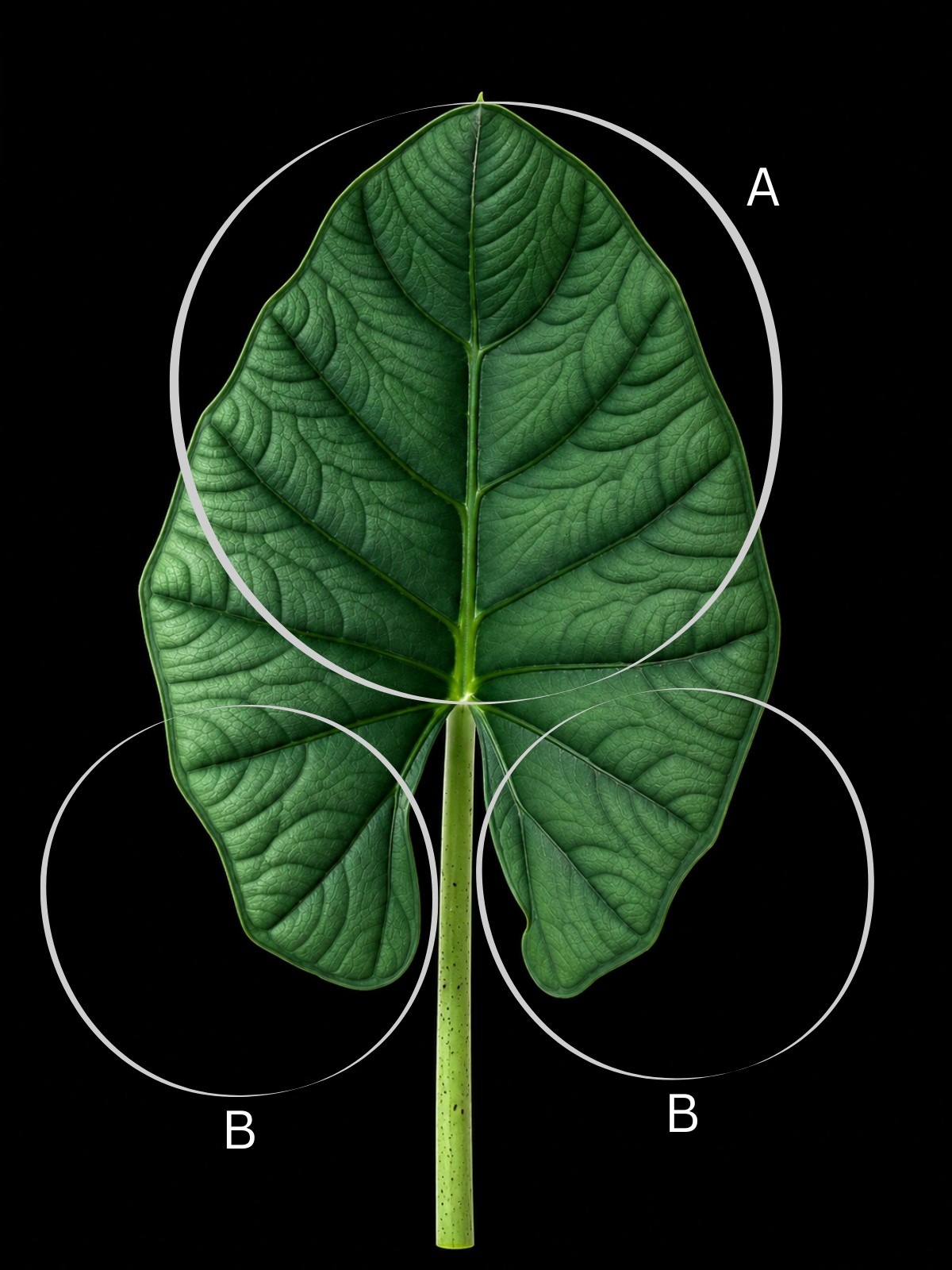 Alocasia leaf, adaxial surface, with the anterior lobe and both posterior lobes circled