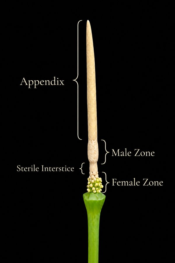 Alocasia spadix with the spathe removed, showing appendix, male zone, sterile interstice and female zone