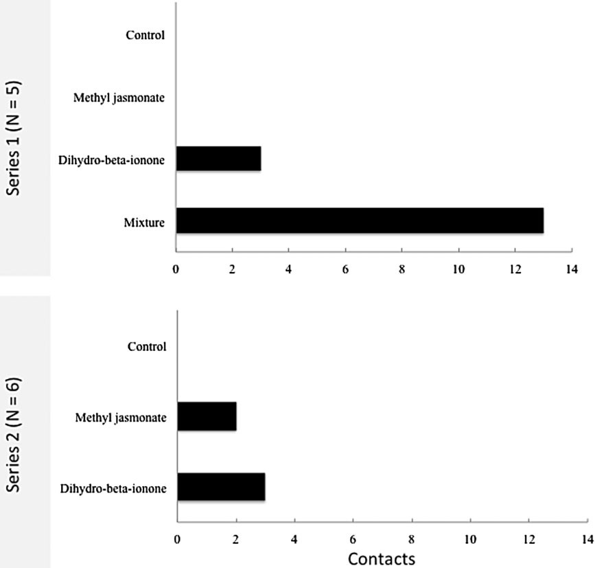 Bar chart of beetle contacts with scented baits in two trial series
